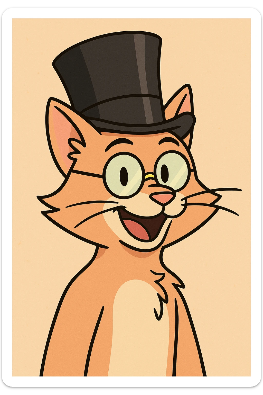 cat with a gibus hat and half moon glasses, playful cartoon style, vibrant and fun sticker