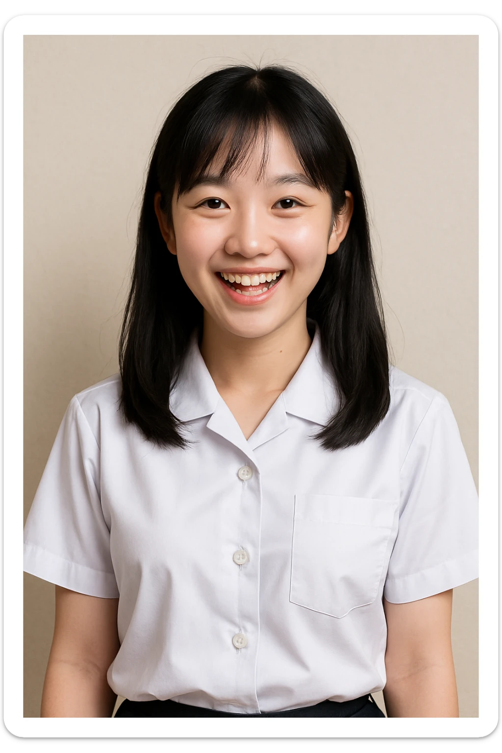 Asian girl, black hair, white skin, in a white school uniform, standing, cheerful expression sticker