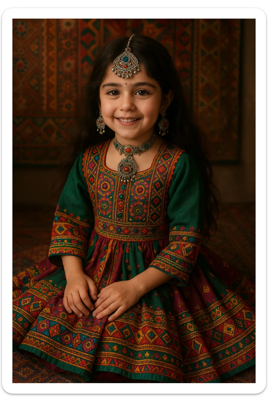 a dark brown haired girl in an Afghan dress, sitting, intricate patterns, colorful, smiling, traditional jewelry sticker