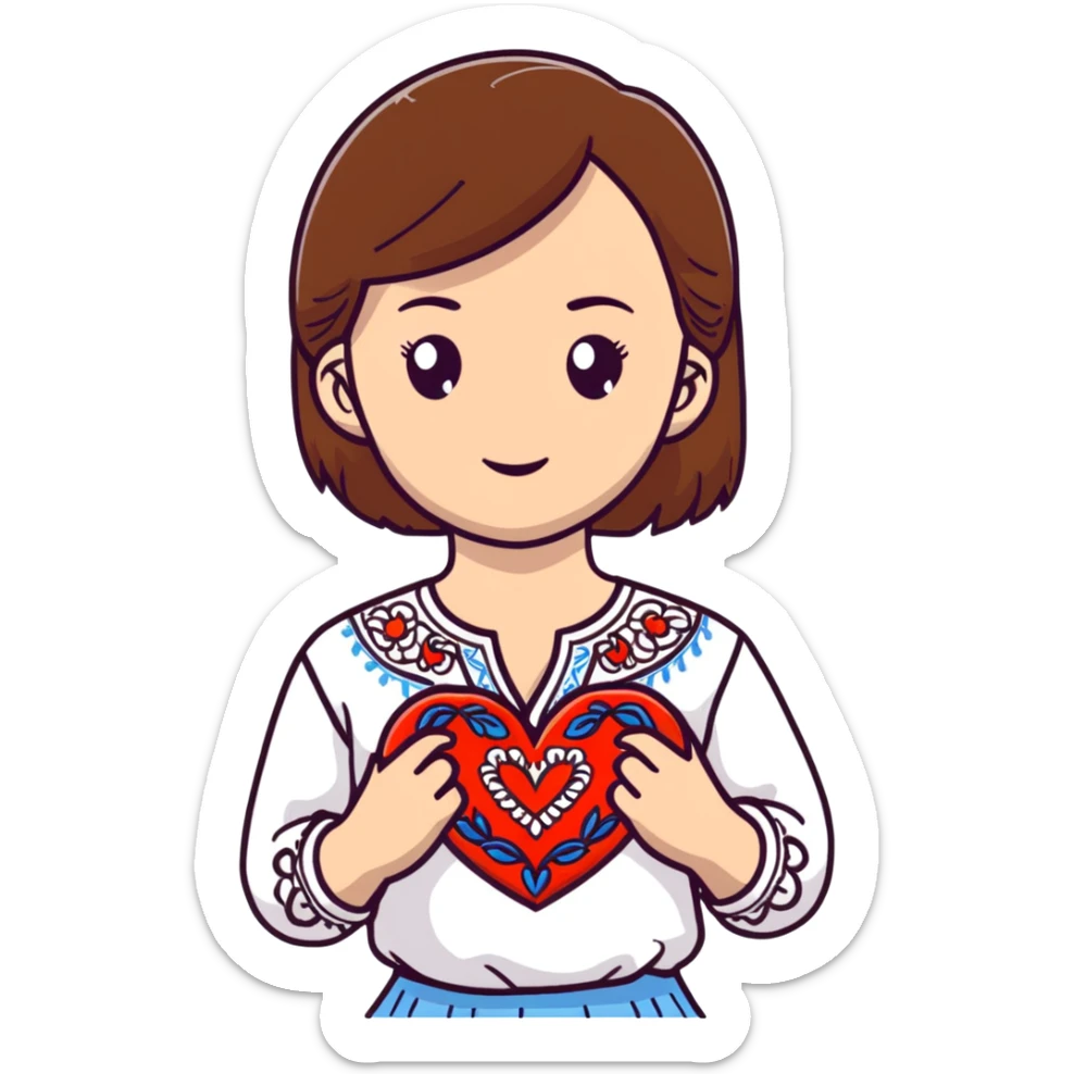 Beautiful young girl with brown hair in a white Ukrainian embroidered shirt holding a large embroidered heart sticker