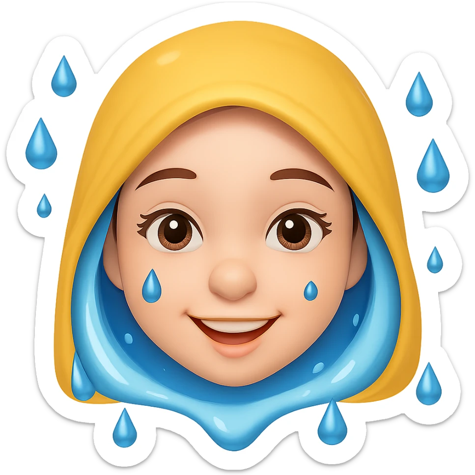 A girl with water drops over her head, showing a happy facial expression, in the style of emoji. Remove the background. sticker