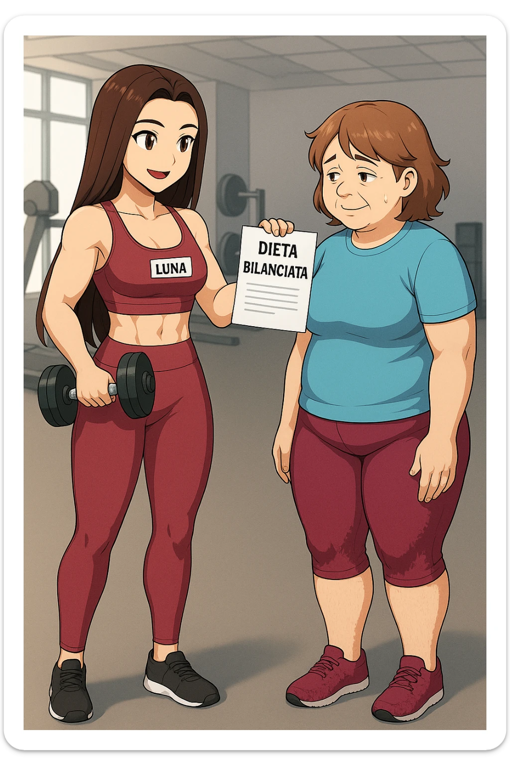 prendi spunto da queste immagini per fare: fai un webtoon/manga a colori con questa personal trainer (falle la scritta "LUNA" SU UNA TARGHETTA APPOSTA SUL TOP SPORTIVO CHE HA), che parla IN PALESTRA con una sua cliente che ha cellulite ed è leggermente in sovrappeso. LA SIGNORA è IN ABITI SPORTIVI E ascolta la trainer con attenzione. LUNA le dice le mostra un foglio con la scritta "DIETA BILANCIATA" CHE HA NELLA MANO SINISTRA E UN MANUBRIO DA PALESTRA CHE HA NELLA MANO DESTRA con espressione di INCORAGGIAMENTO. NON FARE I FUMETTI, FAI SOLO LORO COME SE DIALOGASSERO. FAI LE DUE FIGURE A FIGURA INTERA CON IL CORPO INTERAMENTE VISIBILE sticker
