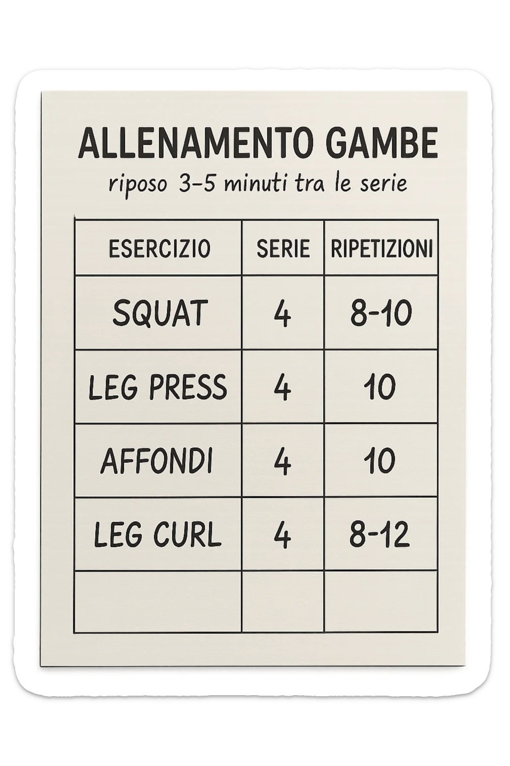 scheda di allenamento gambe in italiano che segna 3-5 minuti di recupero tra le serie, vista dall'alto, iperrealistica 4k sticker