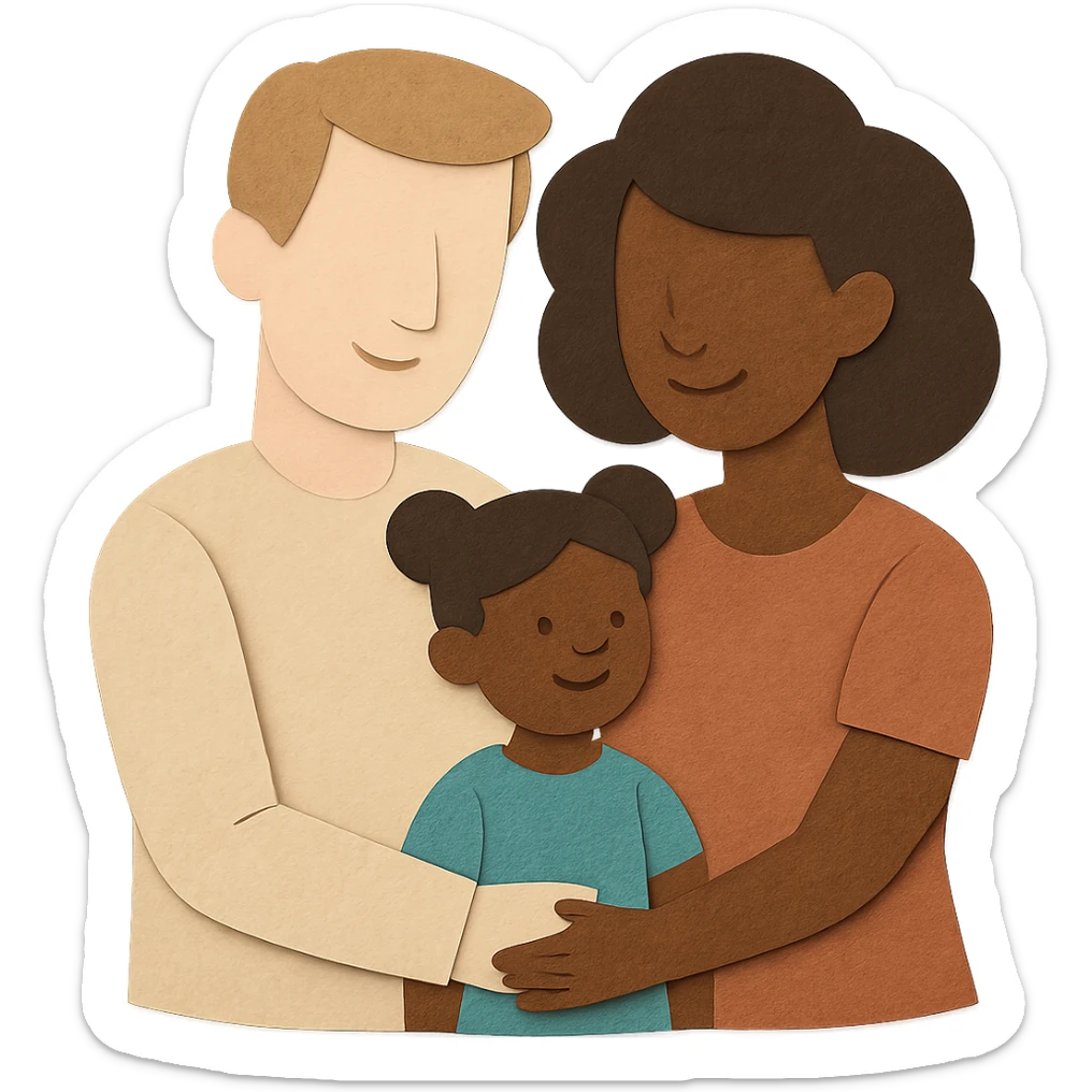 paper craft style family with white dad, black mom, and black child, no background sticker