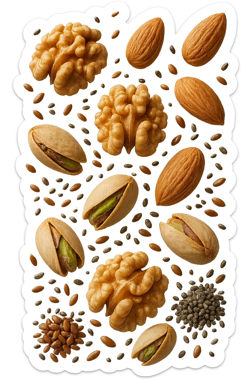 Mandorle, noci, pistacchi, semi di lino e di chia FLUTTUANO IN ARIA, IPERREALISTICO 4K sticker