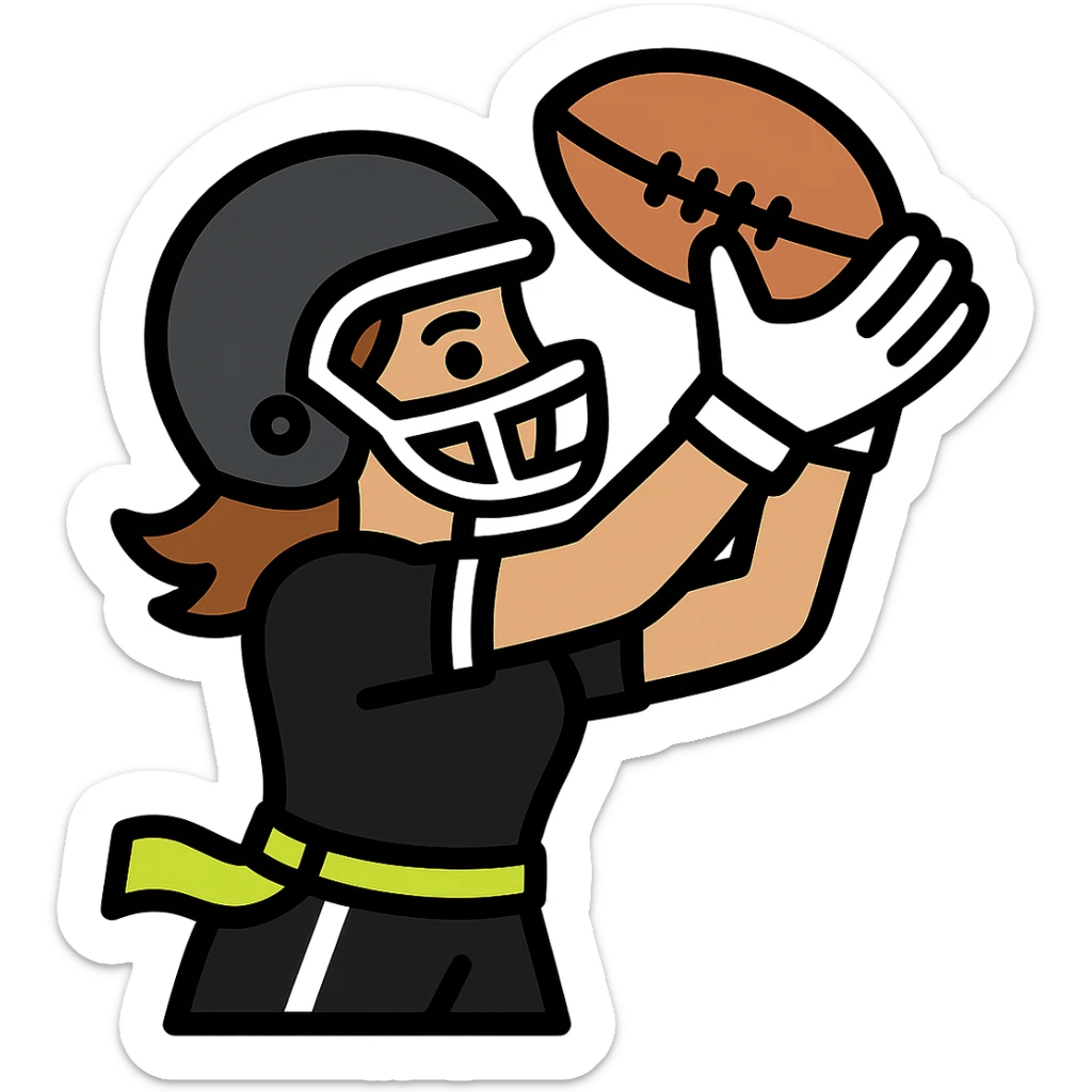 Update to show a woman catching a football, wearing a helmet, a black uniform with white accents, and a lemon lime colored flag belt around her waist. No country flags. Keep the background transparent. sticker