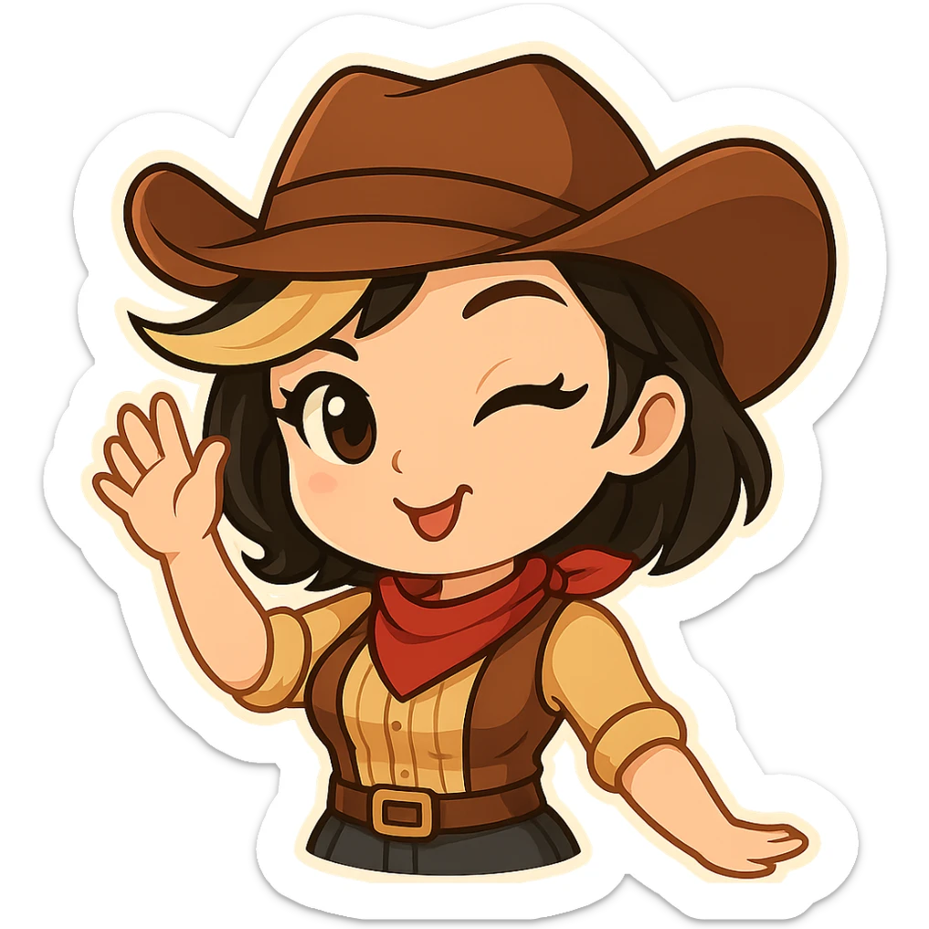 Chibi cowgirl with short hair and a blonde streak, wearing a cowboy hat and western outfit, no guns. Pose: waving with one hand, cheerful and sexy wink, more feminine curves. Chibi/anime style, transparent background, sized for Twitch or Discord use. sticker