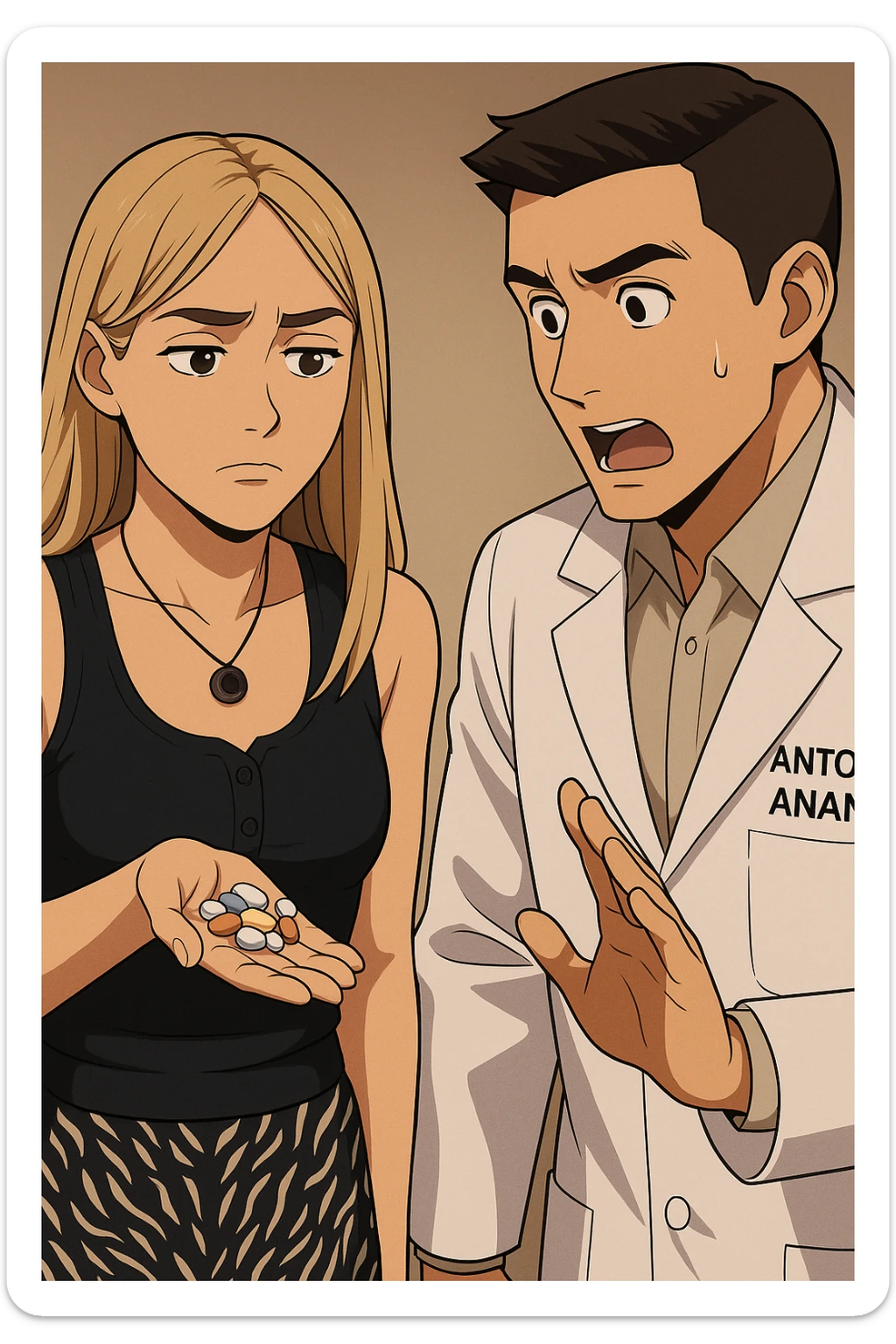 fai un webtoon/manga a colori con questo kinesiologo in camice bianco (fagli la scritta "ANTONIO ANANIA" SUL CAMICE) CHE PARLA CON QUESTA RAGAZZA. LA RAGAZZA HA UN PUGNO DI INTEGRATORI IN MANO (TANTE PILLOLE DIVERSE) E LE GUARDA DUBBIOSA. IL KINESIOLOGO CON IL CAMICE BIANCO LE DOMANDA UNA COSA SCIOCCATO. NON FARE I FUMETTI, FAI SOLO LORO COME SE DIALOGASSERO sticker