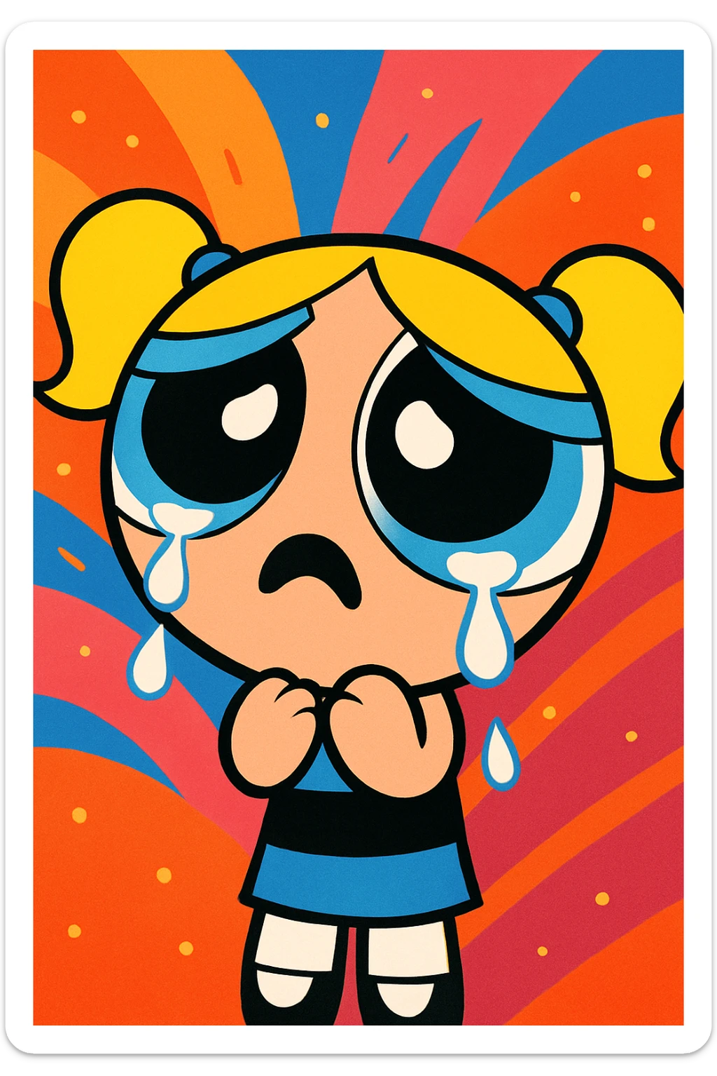 Powerpuff Girls character with a crying emotion, cartoon style, vibrant colors sticker