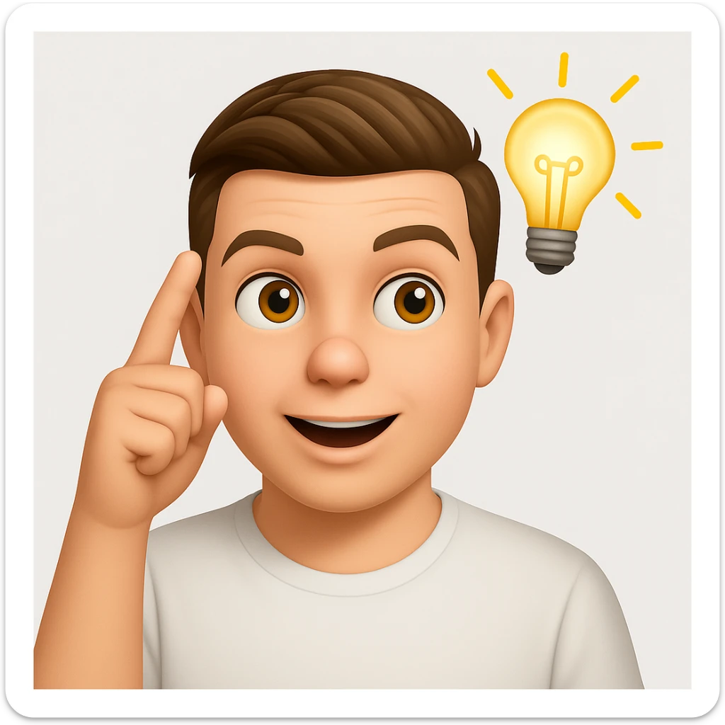 Based on these photos, make an emoji with facial features preserved, man in white t-shirt, got an idea, light bulb over head

 sticker