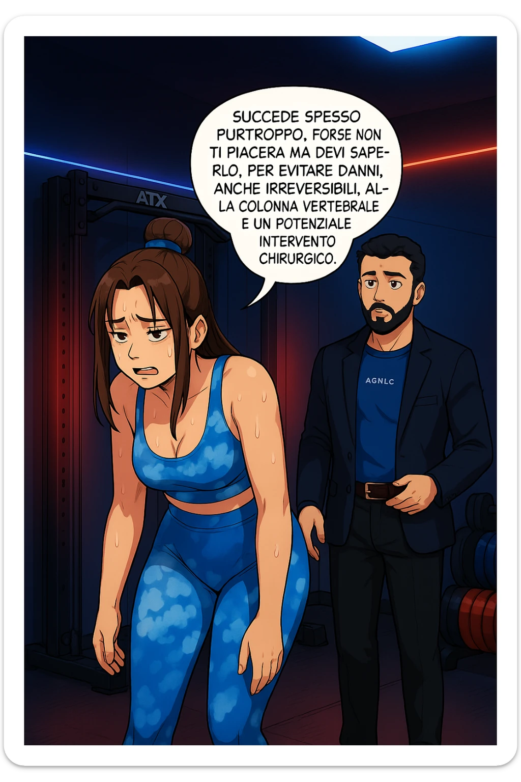 fai questa immagine in versione fumetto/manga/webtoon a colori, il manga mostra l'uomo che risponde alla donne:
Succede spesso purtroppo. 
Forse non ti piacerà ma devi saperlo, per evitare danni, anche irreversibili, alla colonna vertebrale e un potenziale intervento chirurgico. sticker