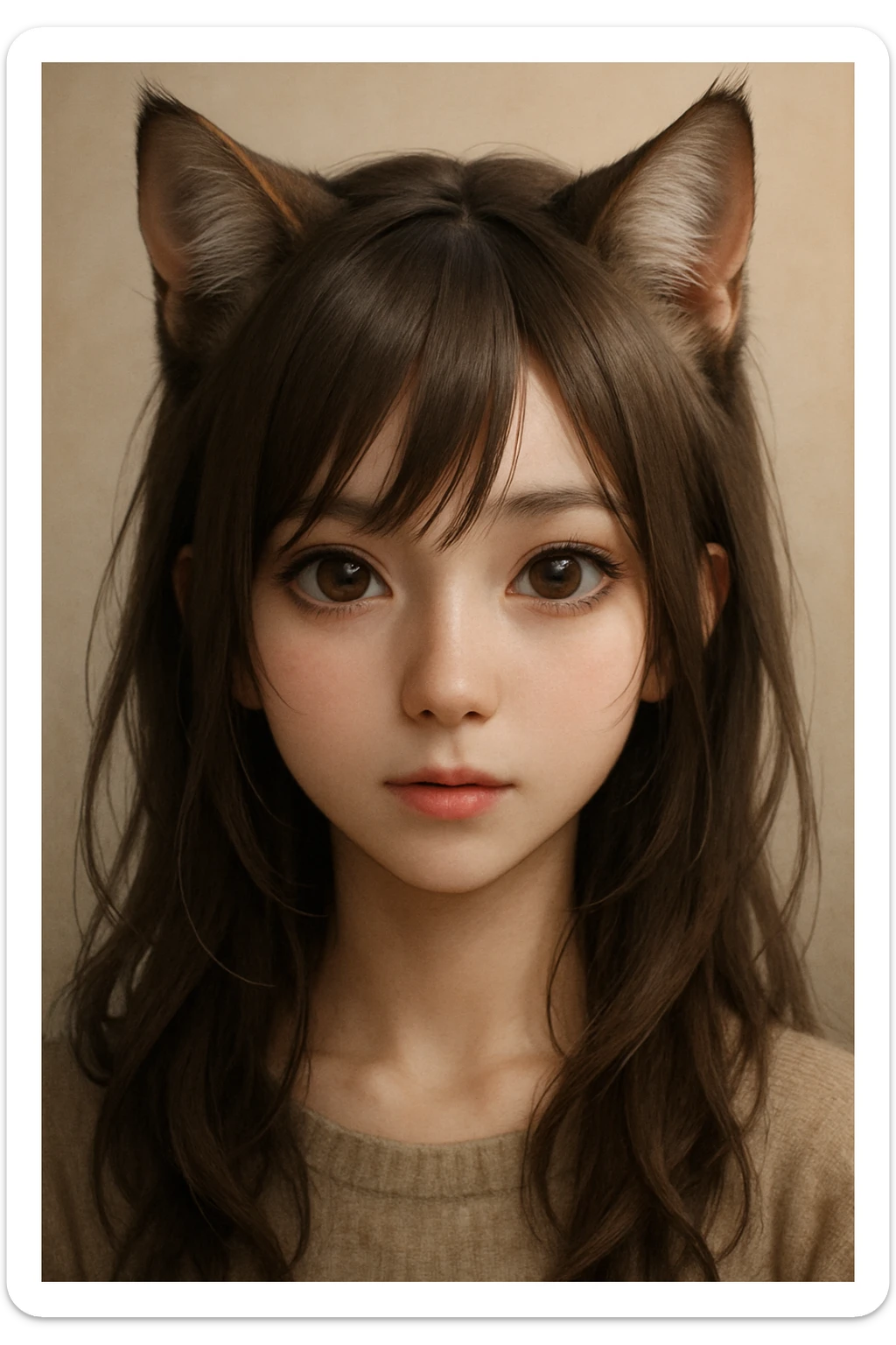 realistic anime-style catgirl, detailed face, expressive eyes, natural fur, subtle cat ears, soft lighting sticker