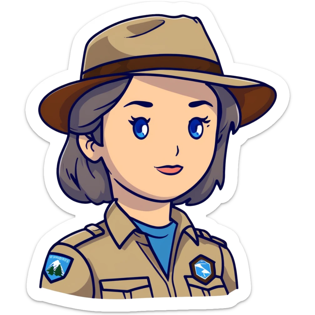 white woman park ranger with gray and brown hair, blue eyes sticker
