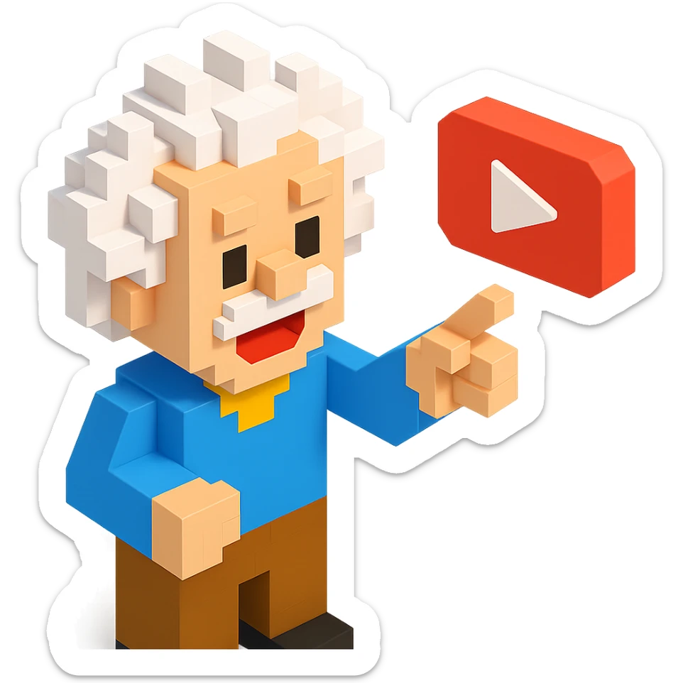voxel style Albert Einstein smiling and pointing at a floating YouTube play button, isometric view sticker