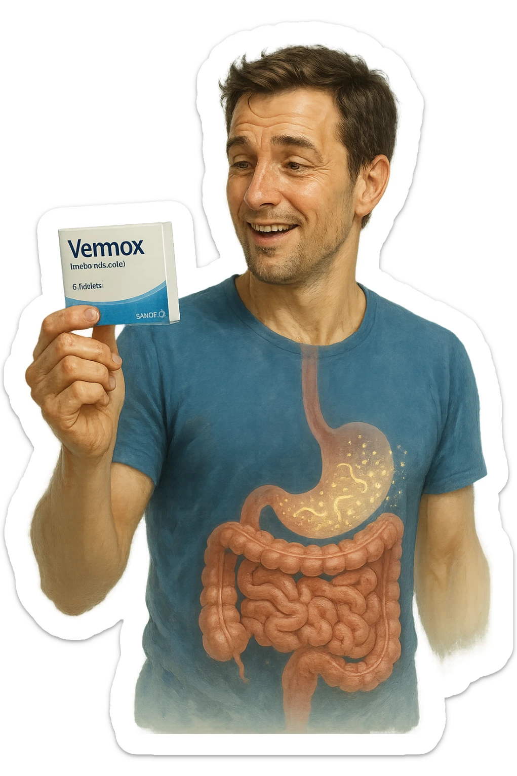 A realistic, cinematic illustration of a man in his late 30s holding a small white box of ‘Vermox’ (mebendazole) in one hand, with a relieved and hopeful expression on his face. Behind him, a semi-transparent overlay shows his digestive tract where small, symbolic worm-like parasites are dissolving and disappearing, indicating the medication’s effect. The environment is clean and bright, with a medical yet hopeful tone, conveying the concept of effective parasite removal. Subtle blue and green tones symbolize cleansing and health restoration, while the man appears energized and ready to reclaim his well-being sticker