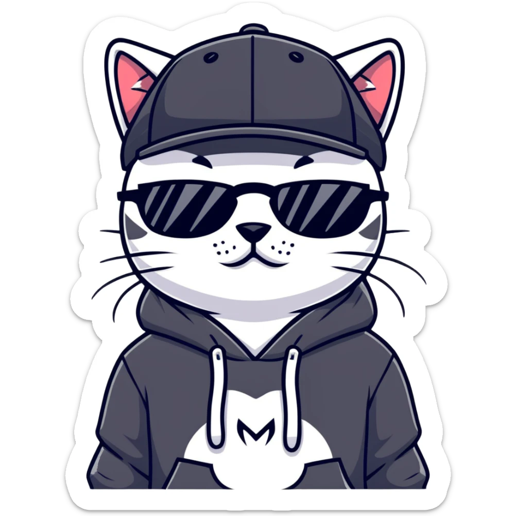 cat wearing a black snapback cap and black hoodie, with black sunglasses positioned low on his nose, looking directly at the viewer over the top of his sunglasses with a cool expression, doing graffiti with spray paint sticker