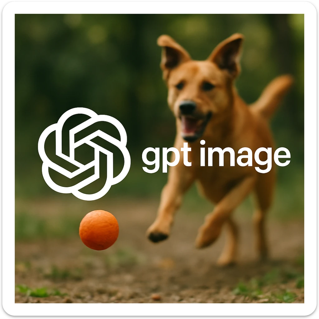  logo of chat gpt with text "gpt image" on the background of a dog chasing ball, realistic image sticker