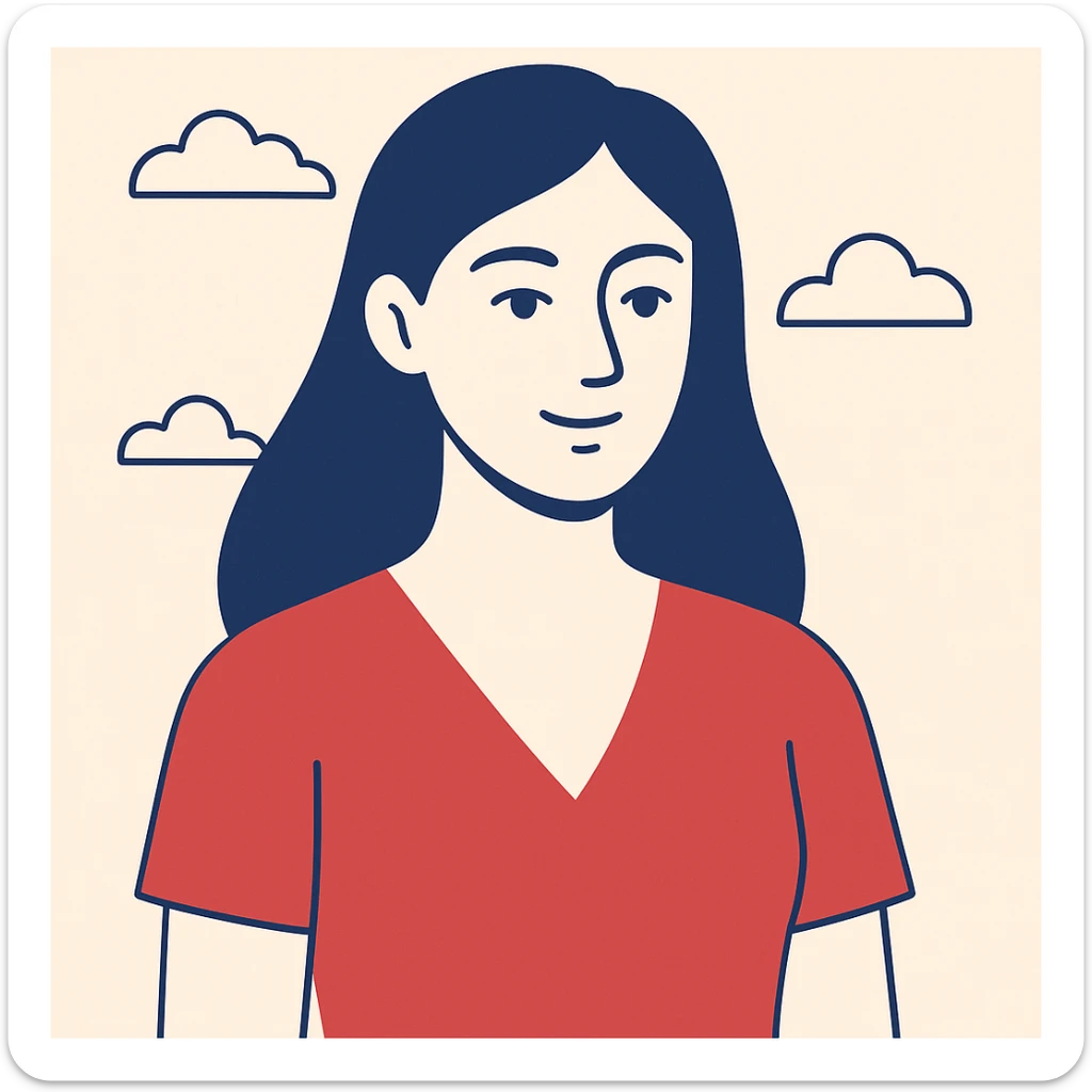 a woman with long chocolate brown hair wearing a red v-neck top, clean modern illustration style sticker