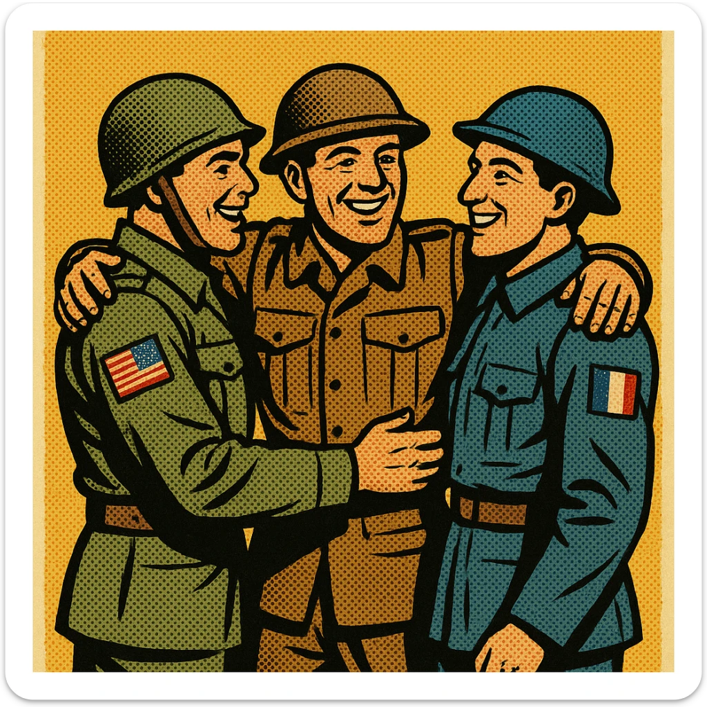 A full body 1940s American soldier with the US flag on his arm with his arms around a 1940s British soldier and a 1940s French soldier. They are all happy. sticker