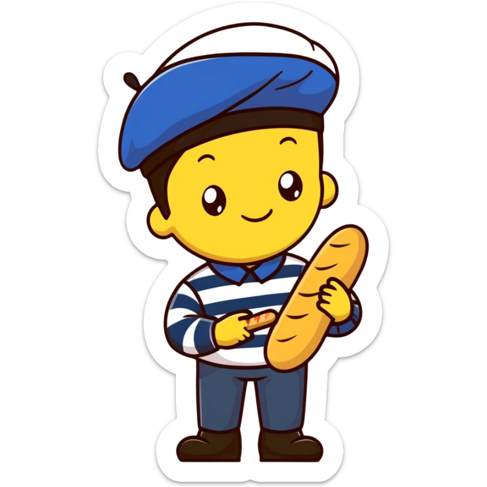 French man with blue and white striped shirt, black beret, holding a baguette sticker