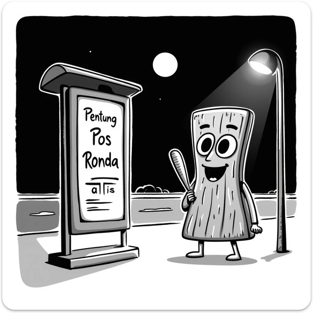 a humanoid wooden club with big cartoon eyes and a wide smile, barefoot, standing at a dark street bus stop under a dim streetlight, holding a bat, with a background sign reading 'Pentung Pos Ronda' sticker