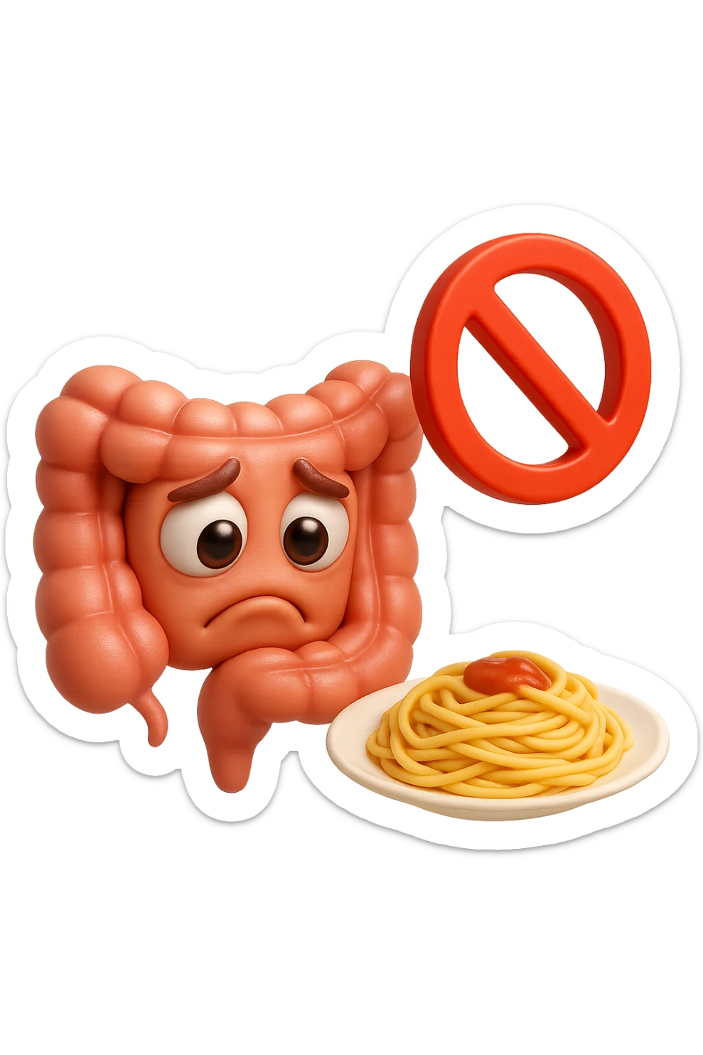 EMOJI STILE IPHONE DI un intestino umano anatomico triste mentre guarda un piatto di pasta con divieto 3d sopra: non la può mangiare, fagli anche la parte bianca degli occhi, non solo le pupille, REALISTICo 4K sticker