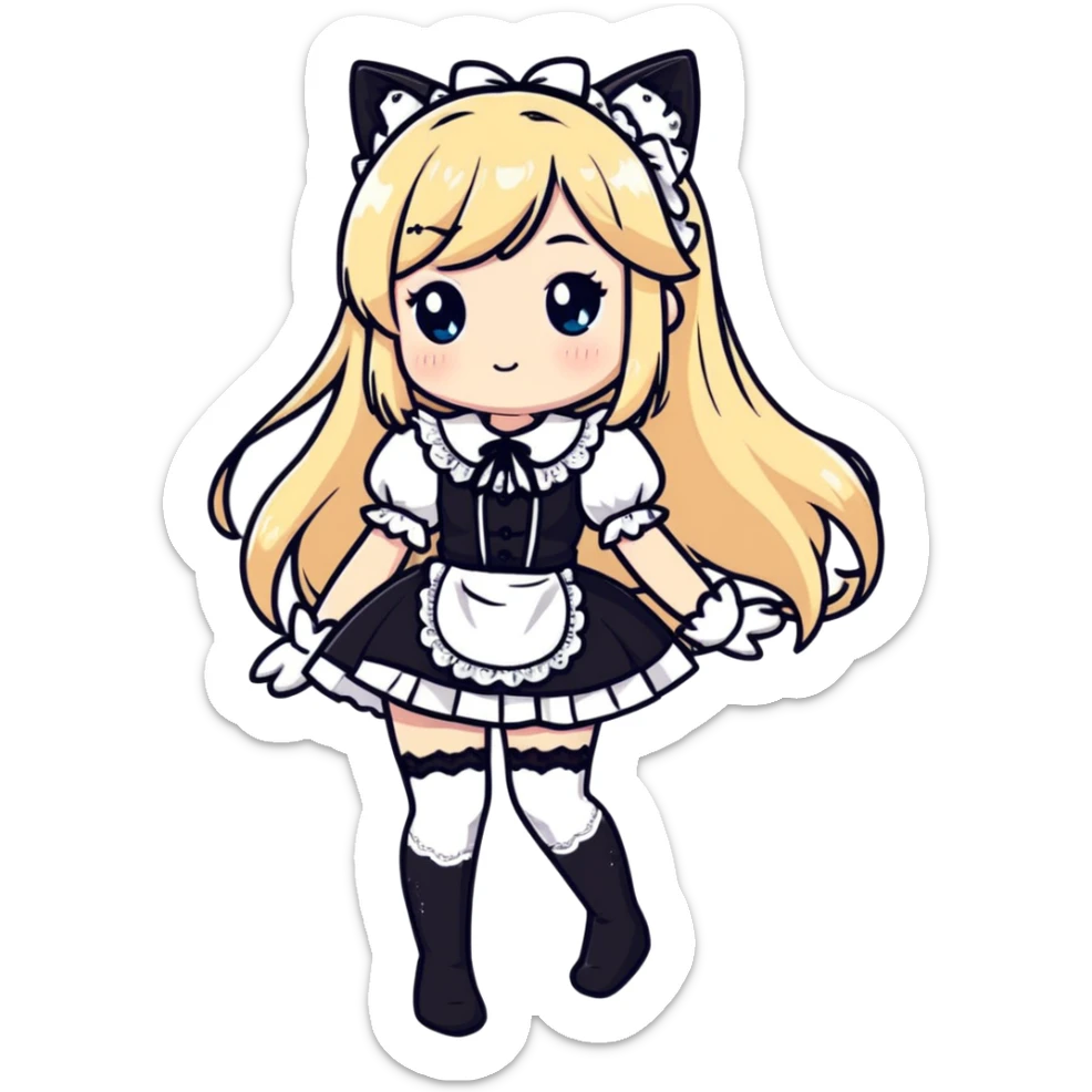 petite blonde catgirl woman long hair freckles shy lace white French maid white thigh highs sticker