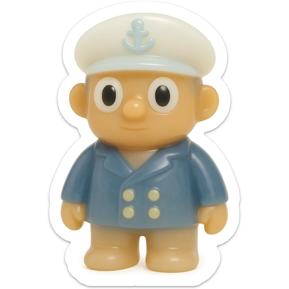 full-body boat captain, retro 90's toy style, very transparent and slightly see-through, natural tan skin, white captain's hat, navy jacket, large white eyeballs with small black pupils, soft plastic texture, soft reflections, soft and squishy, some cloudiness, not shiny, highly detailed, appealing, no tag, no background sticker