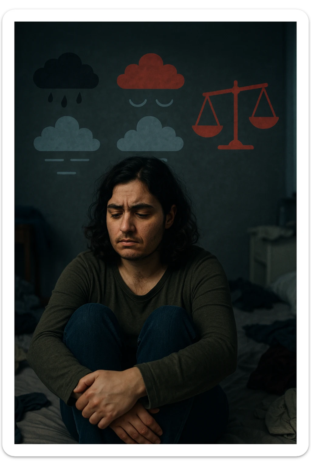 Donna tra i 25 e i 35 anni seduta da sola in una stanza, con lo sguardo basso e un’espressione di frustrazione e stanchezza. Sul volto si notano peli visibili sul mento e sopra il labbro, simbolo di irsutismo. Intorno a lei, l’ambiente appare disordinato, con luci fredde e atmosfera pesante. In trasparenza, simboli stilizzati di sbalzi d’umore (nuvole scure e rosse alternate a simboli di calma), e una bilancia emotiva sbilanciata. Le mani stringono le gambe, in gesto di disagio fisico ed emotivo. Colori cupi con accenti contrastanti. Stile realistico con elementi simbolici sticker