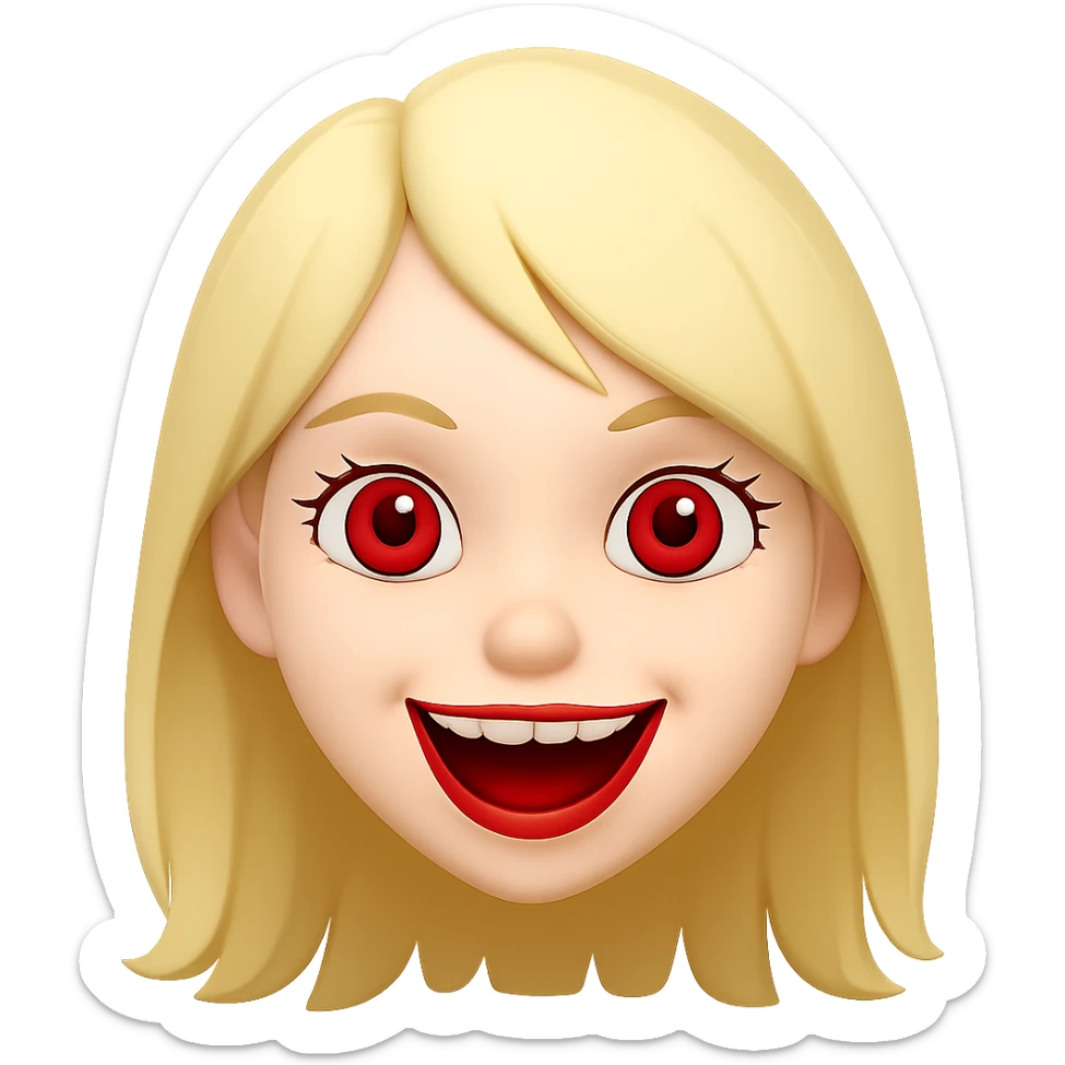 Change hair color to blonde, keep white girl with red eyes, cute but scary face laughing, in emoji style similar to apple style emojis, concise prompt. sticker
