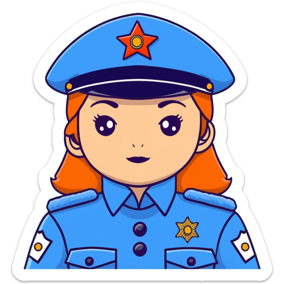 Female Russian police officer with traditional Russian police fur hat and blue uniform sticker