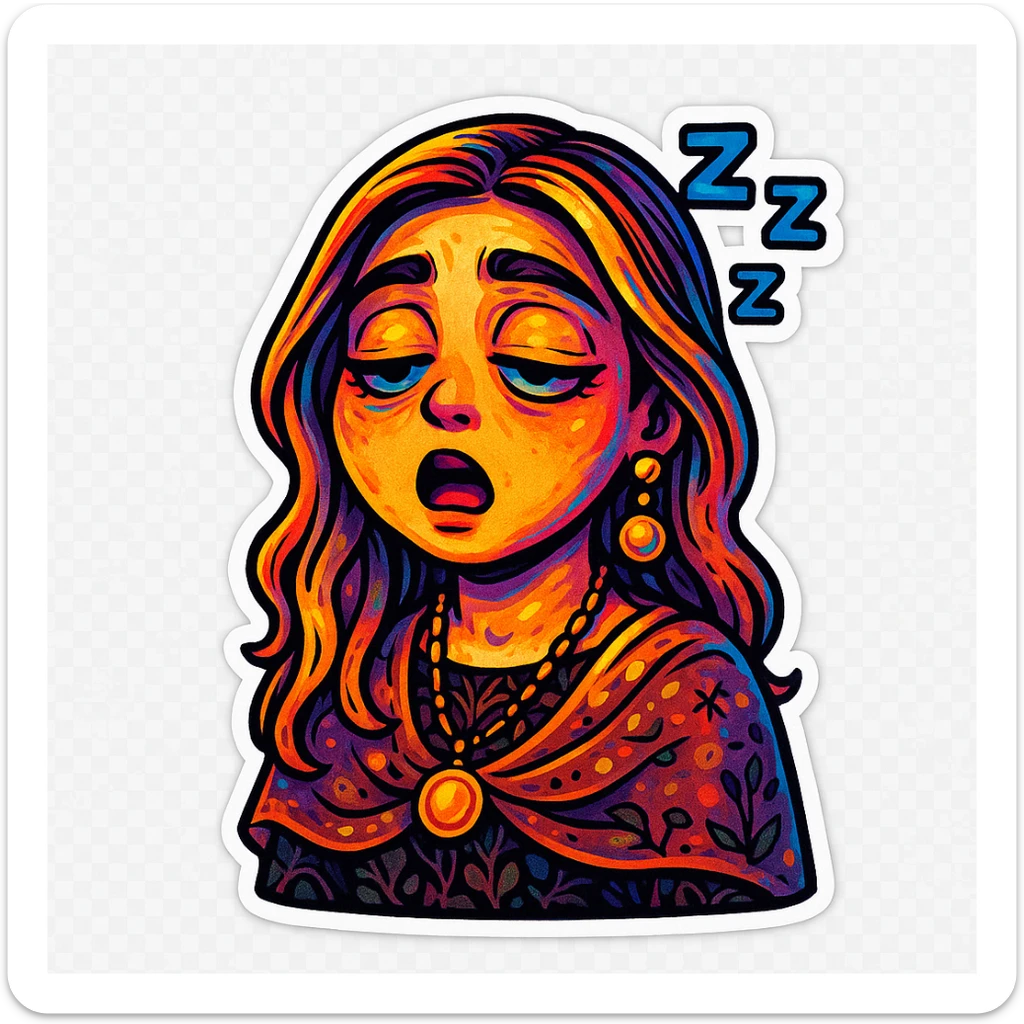 Create a cartoon sticker with a sleepy expression in the style of Flux Pro, with a transparent background. The style should reflect the vibrant and detailed characteristics of Flux Pro style. sticker