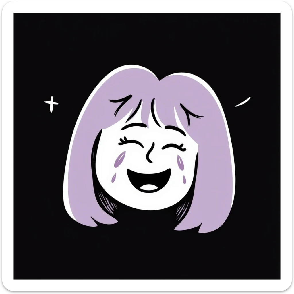 face with big smile and tears of joy emoji, hand-drawn chalk style, soft lilac color palette, rough doodle-like texture, looks like pastel chalk on a dark surface, aesthetic and emotional, suitable for Telegram channel sticker