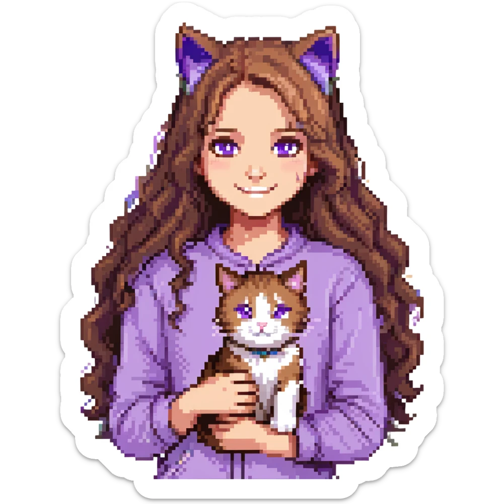 girl with long wavy brown hair and brown eyes wearing purple clothes smiling with a three-color cat beside her pixel art sticker