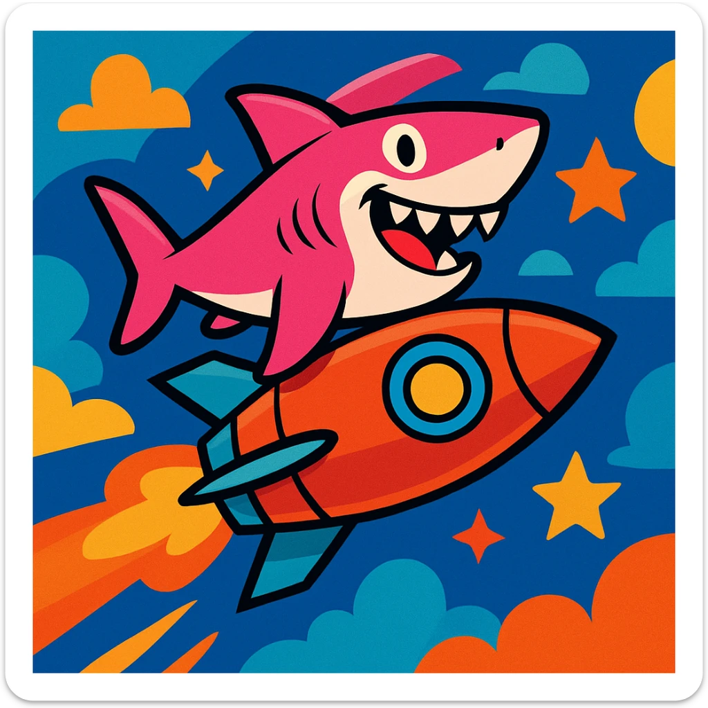 a pink shark flying on top of a rocket, vibrant and playful, cartoon style, dynamic and fun, whimsical and colorful sticker