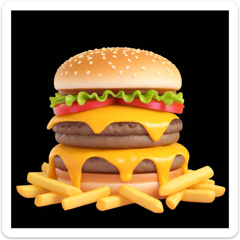juicy triple-patty cheeseburger with melting triple cheese, crispy golden French fries on the side, hot steam rising from the food, fresh, delicious, sizzling hot, appetizing cartoon emoji style, high detail, bright colors sticker