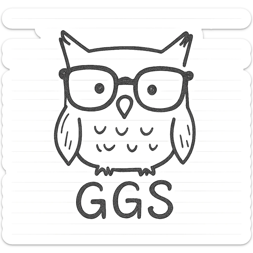 owl wearing glasses with GGS wording, hand drawn outline icon style sticker