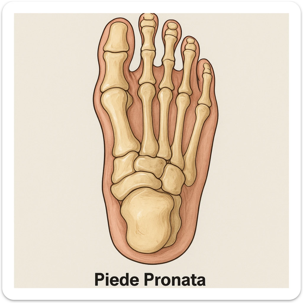 Anatomical illustration of a pronated foot, detailed bones and soft tissue, medical style, neutral background, dorsal view, inspired by the reference image. sticker