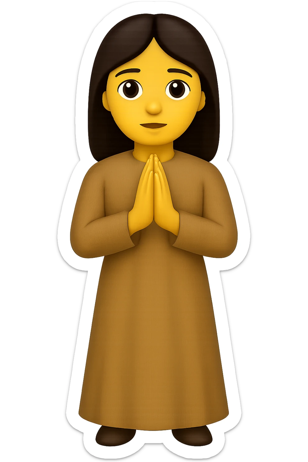 Show the woman standing and praying from the front view, wearing a long tan dress, with dark brown hair, in emoji style. Remove the background. sticker