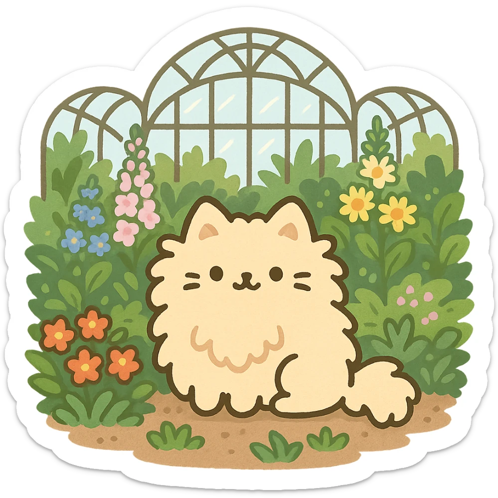 pusheen-style fluffy blonde kitten in a botanical garden greenhouse filled with flowers sticker