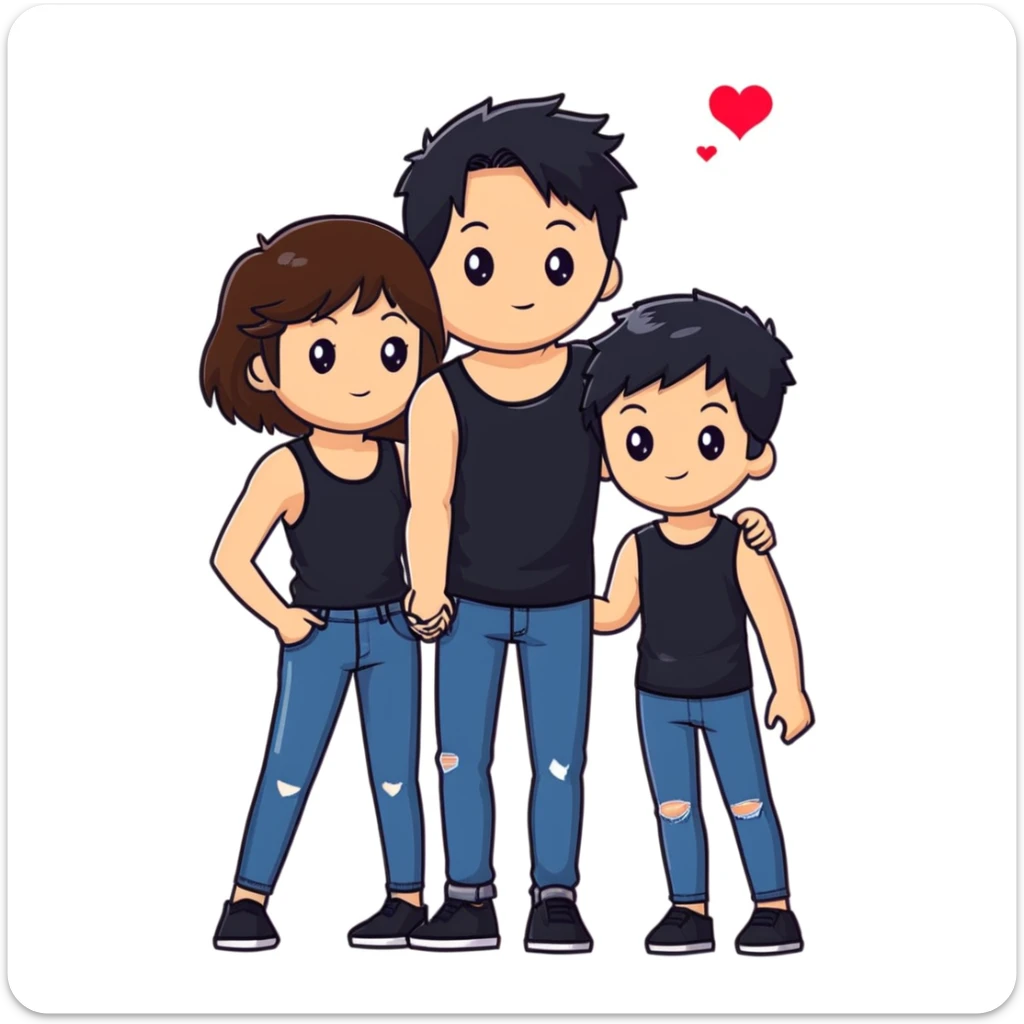 A girl with long brown hair holding the hand of a boy with short black hair, she wearing a black tank top with flared blue jeans, he wearing a black t-shirt with grey jeans, couple in love sticker