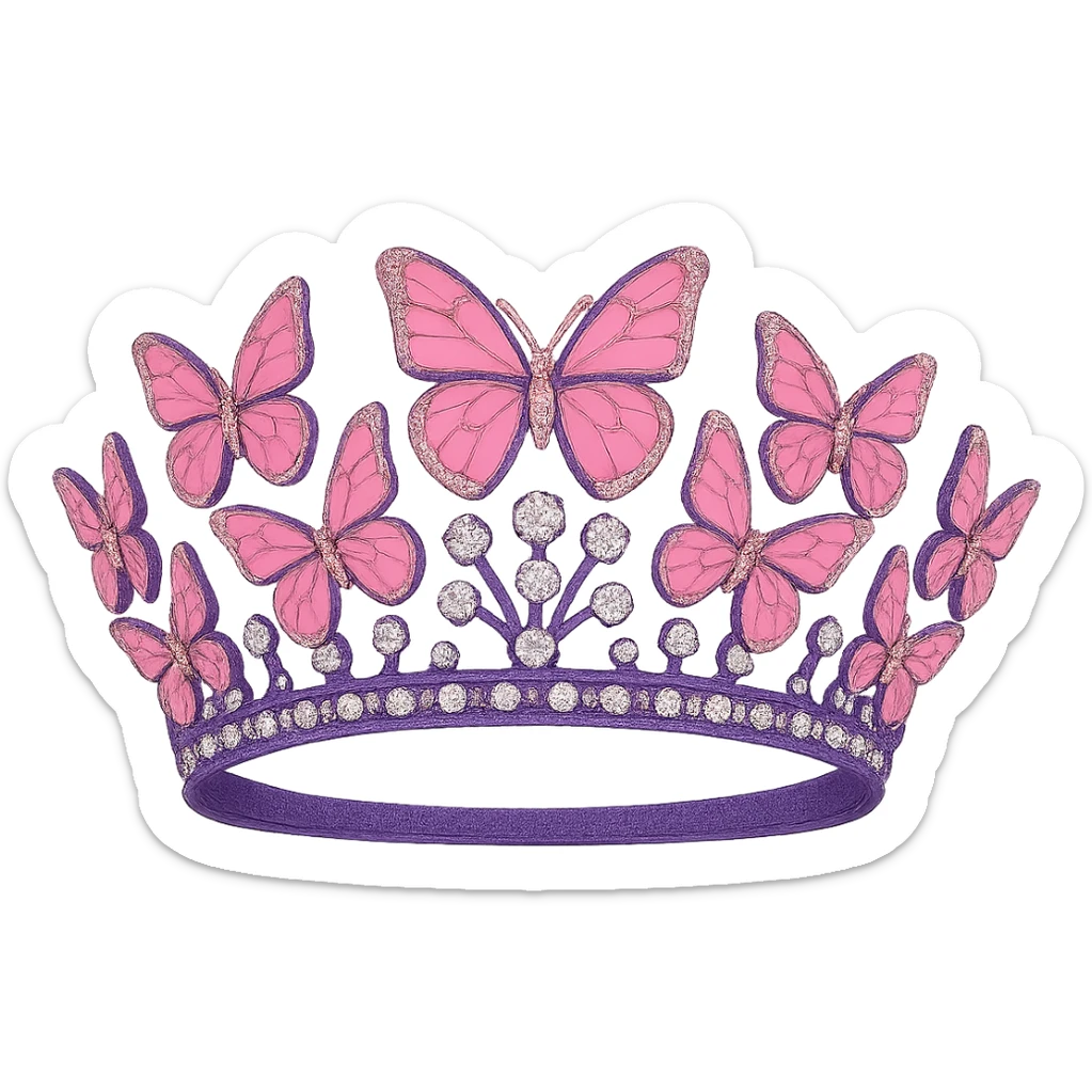 Change the base of the butterfly crown to purple, keep the vibrant pink enamel butterflies and sparkling gems, with no background. The style should maintain the original look of the butterfly crown. sticker