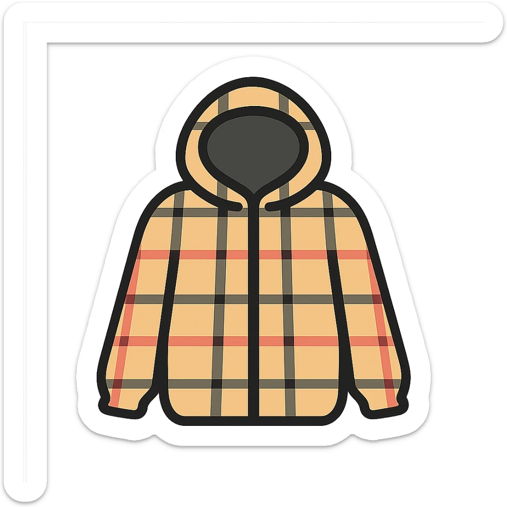 Create a simple emoji of a Burberry-style plaid jacket. Keep the beige color and the check pattern, but with minimal details. No text. Transparent background. The style should be simple and emoji-like, suitable for an emoji representation. sticker