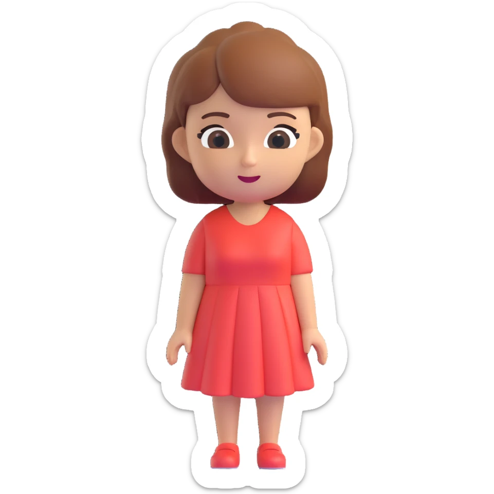 Change the outfit of the character to a casual dress and remove the apple. Keep the realistic Apple-style Memoji look, 3D style, with a transparent background. sticker