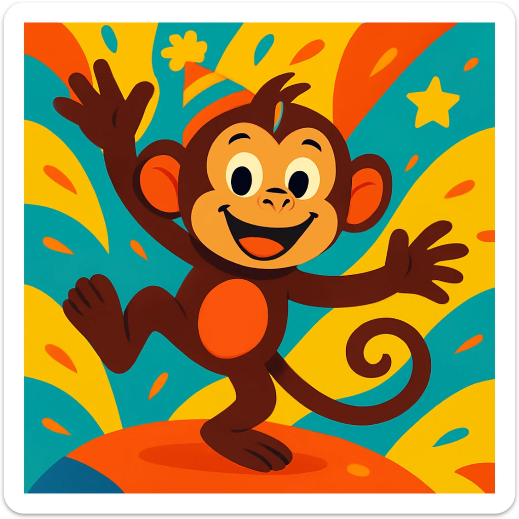 Add a colorful party hat to the playful monkey, keeping the vibrant cartoon style. sticker