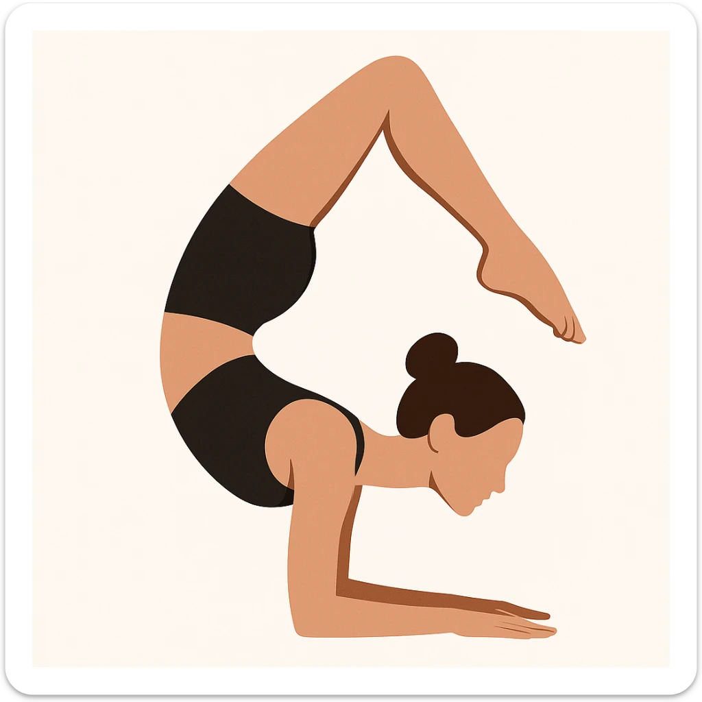 Minimalist flat vector illustration of a woman doing yoga (Vrischikasana), wearing sportswear (black top and black shorts), brown hair in a bun, clean white background, no face details, elegant style sticker