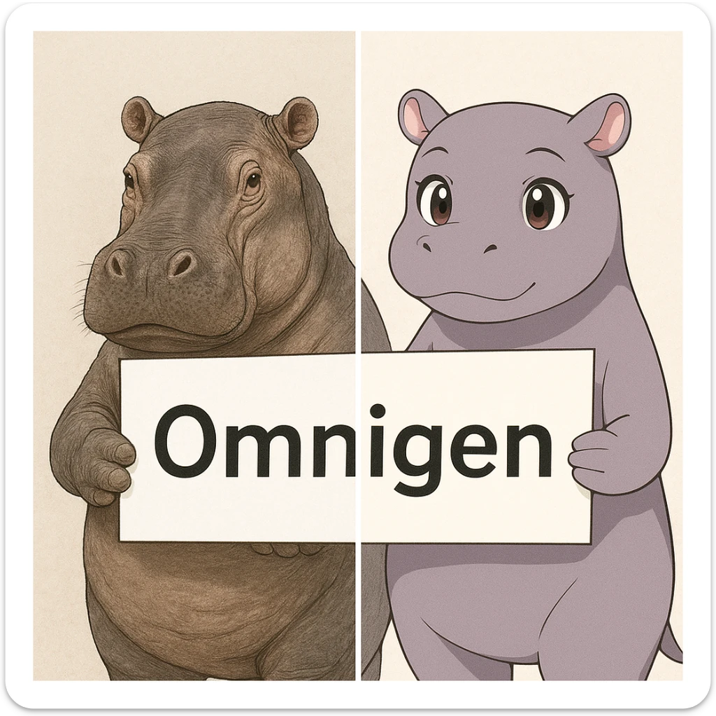 two hippo holding sign of omnigen, half picture 1 hippo is realistic another half is the anime of that same second hippo, with before after mark sticker