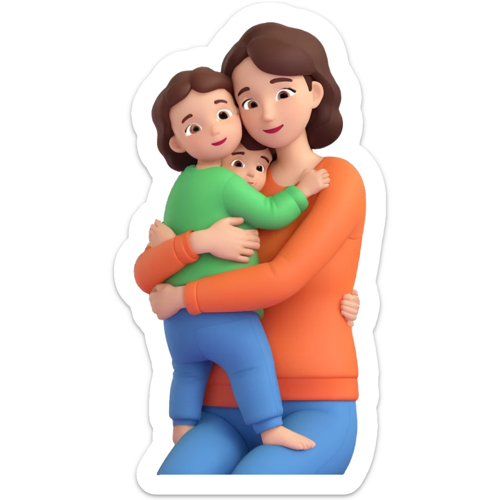 A warm and caring mother figure hugging her child, wearing casual clothes, indoors, cozy atmosphere sticker