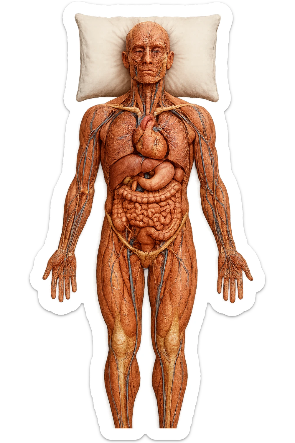 corpo umano anatomico CON TESTA SUL CUSCINO PERCHé STA DORMENDO, VISTO DALL'ALTO, iperrealistico 4k sticker