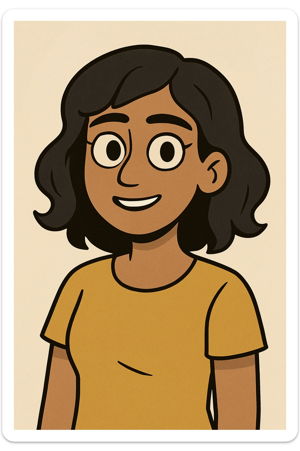 a girl with olive skin, black wavy hair by her shoulders, and dark brown eyes, in a cartoon style sticker